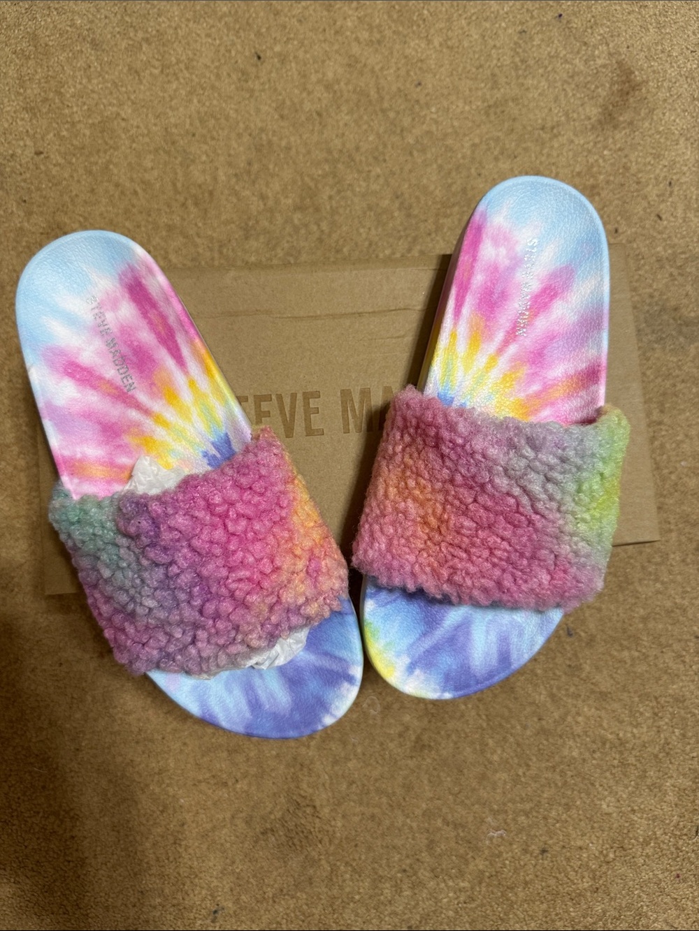 Steve Madden Pastel Tie-Dye Faux Shearling Slides - Pink Purple Blue